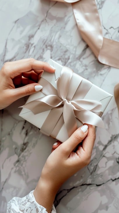 Elegant gift unwrapping on marble